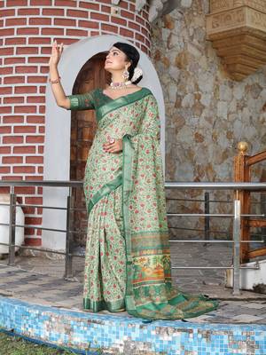 sea green shimmer handloom cotton blend saree tonal print 2