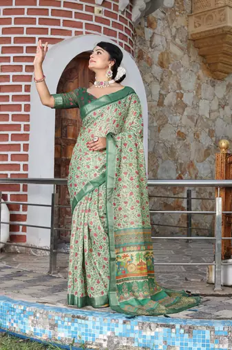 sea green shimmer handloom cotton blend saree tonal print