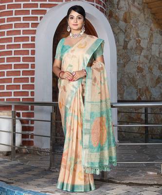 sea green multicolor shimmer handloom cotton blend digital print saree (sfhcs315) 2
