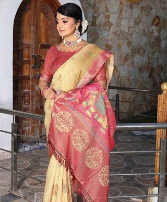 beige multicolor shimmer handloom cotton blend saree with floral print (sfhcs322) 5