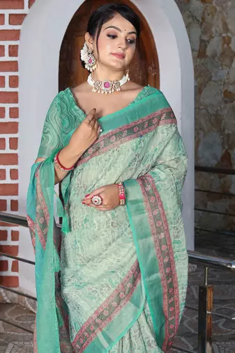 green multicolor shimmer handloom cotton blend saree floral print (sfhcs320)