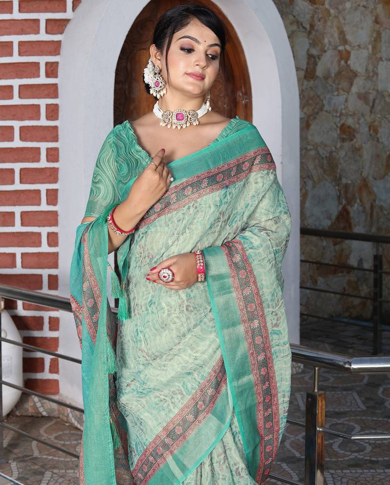 green multicolor shimmer handloom cotton blend saree floral print (sfhcs320)