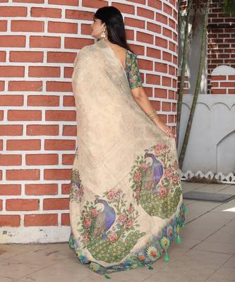 beige green multicolor shimmer handloom cotton blend digital print saree (sfhcs312) 3