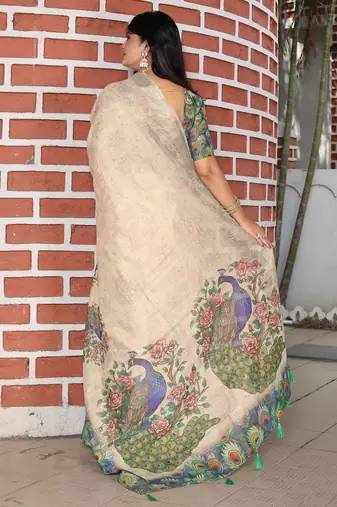 beige green multicolor shimmer handloom cotton blend digital print saree