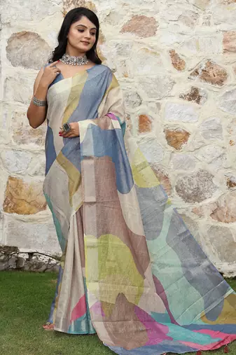 multicolor shimmer handloom cotton blend digital print saree