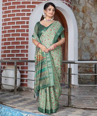 sea green shimmer handloom cotton blend saree tonal print 3