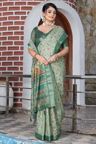 sea green shimmer handloom cotton blend saree tonal print
