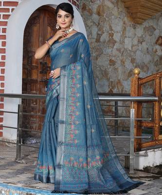teal shimmer handloom cotton blend saree tonal watercolor print 4