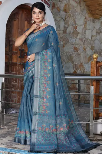 teal shimmer handloom cotton blend saree tonal watercolor print