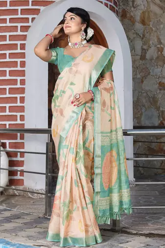 sea green multicolor shimmer handloom cotton blend digital print saree