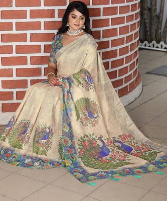 beige green multicolor shimmer handloom cotton blend digital print saree (sfhcs312) 4