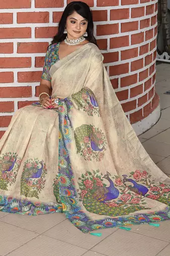 beige green multicolor shimmer handloom cotton blend digital print saree