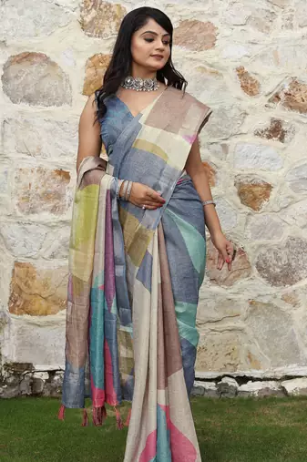 multicolor shimmer handloom cotton blend digital print saree