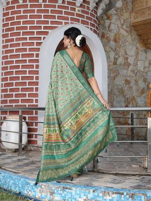 sea green shimmer handloom cotton blend saree tonal print 4