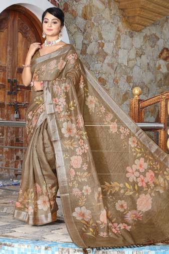 brown multicolor shimmer handloom cotton blend digital print saree