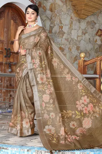 brown multicolor shimmer handloom cotton blend digital print saree