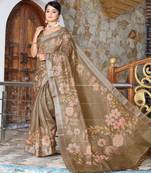 brown multicolor shimmer handloom cotton blend digital print saree
