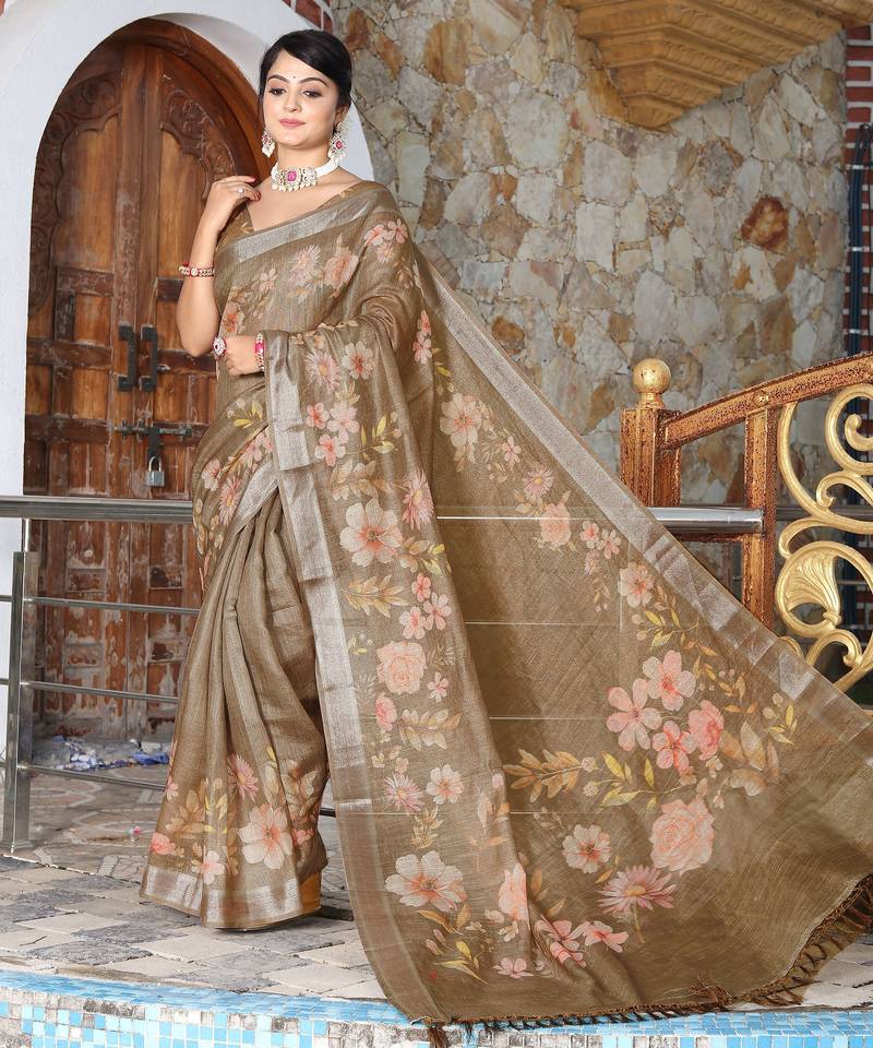brown multicolor shimmer handloom cotton blend digital print saree (sfhcs309)
