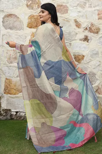 multicolor shimmer handloom cotton blend digital print saree