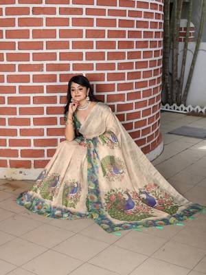 beige green multicolor shimmer handloom cotton blend digital print saree (sfhcs312) 5
