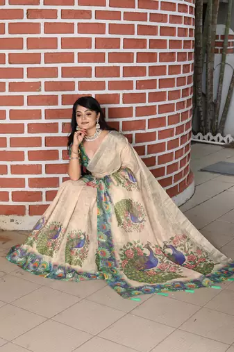 beige green multicolor shimmer handloom cotton blend digital print saree