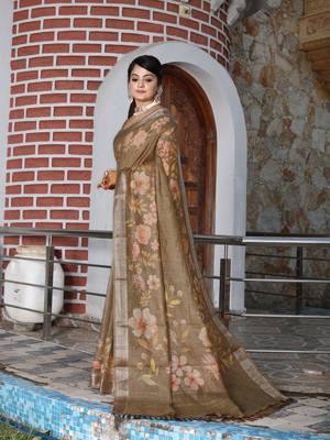 brown multicolor shimmer handloom cotton blend digital print saree 2