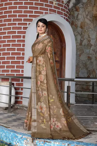 brown multicolor shimmer handloom cotton blend digital print saree