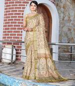 olive beige shimmer handloom cotton blend saree with floral print (sfhcs308)