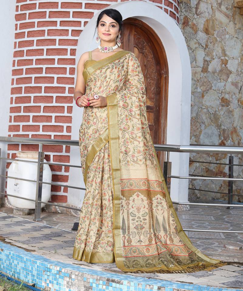 olive beige shimmer handloom cotton blend saree with floral print (sfhcs308)