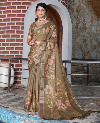 brown multicolor shimmer handloom cotton blend digital print saree 3