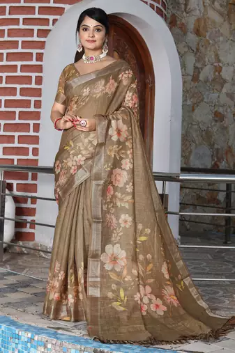 brown multicolor shimmer handloom cotton blend digital print saree