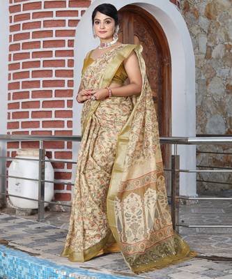 olive beige shimmer handloom cotton blend saree with floral print (sfhcs308) 2