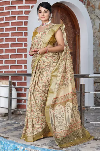 olive beige shimmer handloom cotton blend saree with floral print