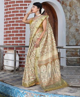 olive beige shimmer handloom cotton blend saree with floral print (sfhcs308) 3