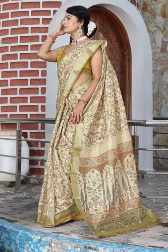 olive beige shimmer handloom cotton blend saree with floral print