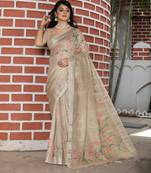 beige multicolor shimmer handloom cotton blend digital print saree
