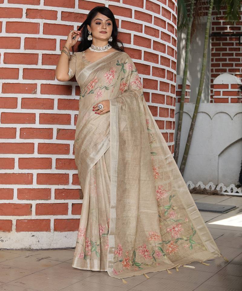 beige multicolor shimmer handloom cotton blend digital print saree (sfhcs307)