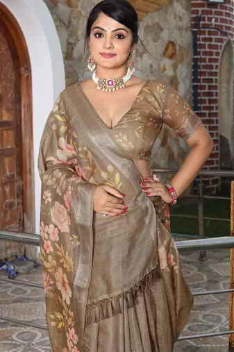 brown multicolor shimmer handloom cotton blend digital print saree