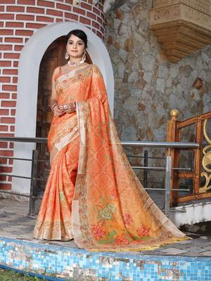 orange peach shimmer handloom cotton blend saree floral print 1