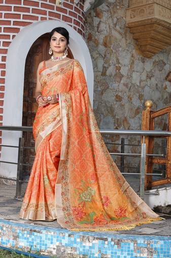 orange peach shimmer handloom cotton blend saree floral print
