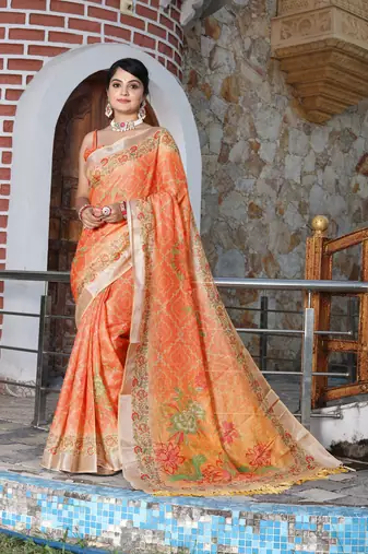 orange peach shimmer handloom cotton blend saree floral print