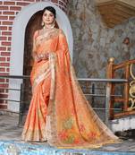 orange peach shimmer handloom cotton blend saree floral print