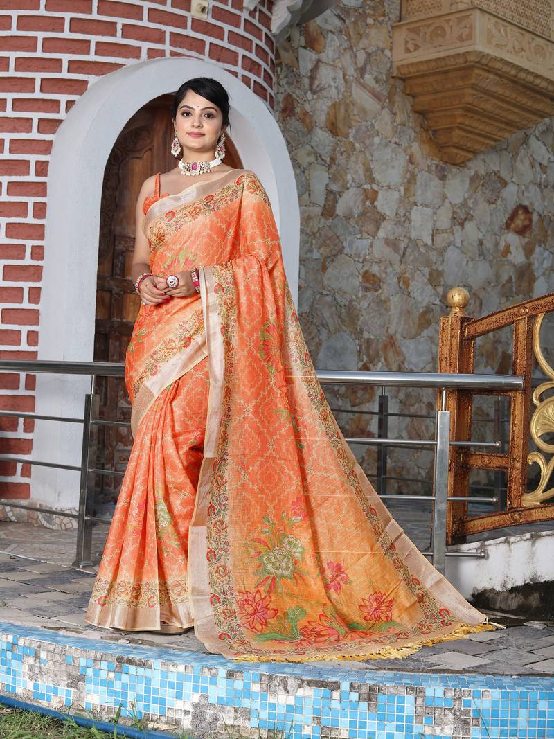 orange peach shimmer handloom cotton blend saree floral print