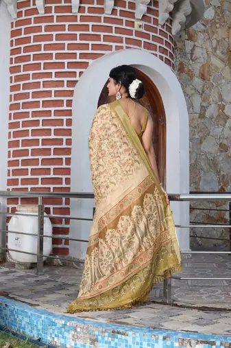 olive beige shimmer handloom cotton blend saree with floral print