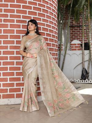 beige multicolor shimmer handloom cotton blend digital print saree 2
