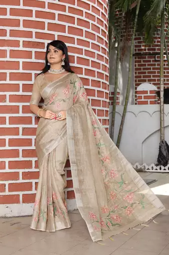 beige multicolor shimmer handloom cotton blend digital print saree
