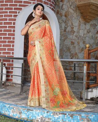 orange peach shimmer handloom cotton blend saree floral print 2