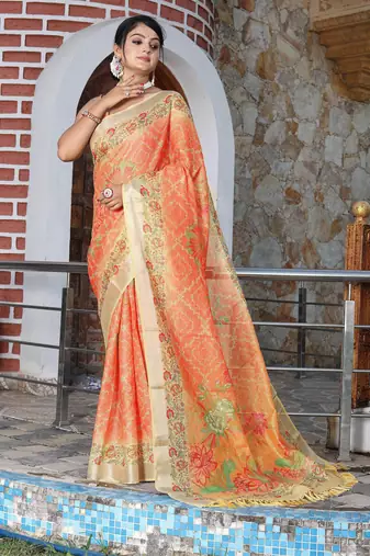 orange peach shimmer handloom cotton blend saree floral print