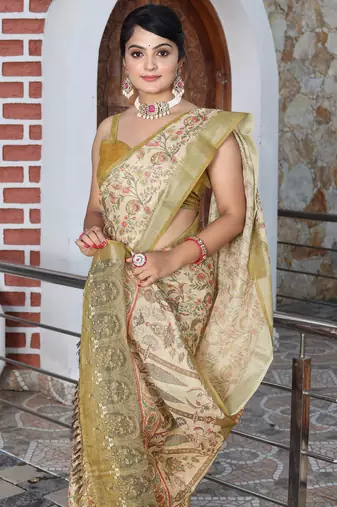 olive beige shimmer handloom cotton blend saree with floral print