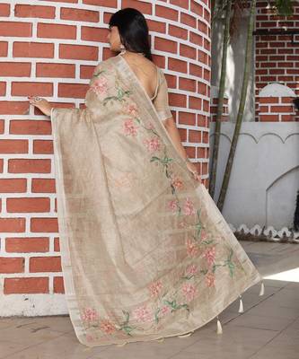 beige multicolor shimmer handloom cotton blend digital print saree 3